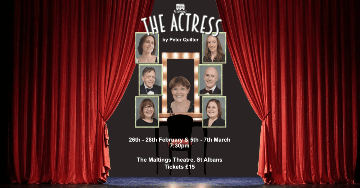 Red curtains opening onto a stage with photos of the cast of The Actree by Peter Quilter being performed by Breakaway Theatre Company