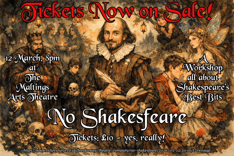 Image of William Shakespearein a forest clearing surrounded by characters from his plays, Macbeth, Hamlet, Romeo and Juliet and A Misdummer Night's Dream